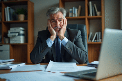 Homme d'affaires stressé au bureau avec documents financiers