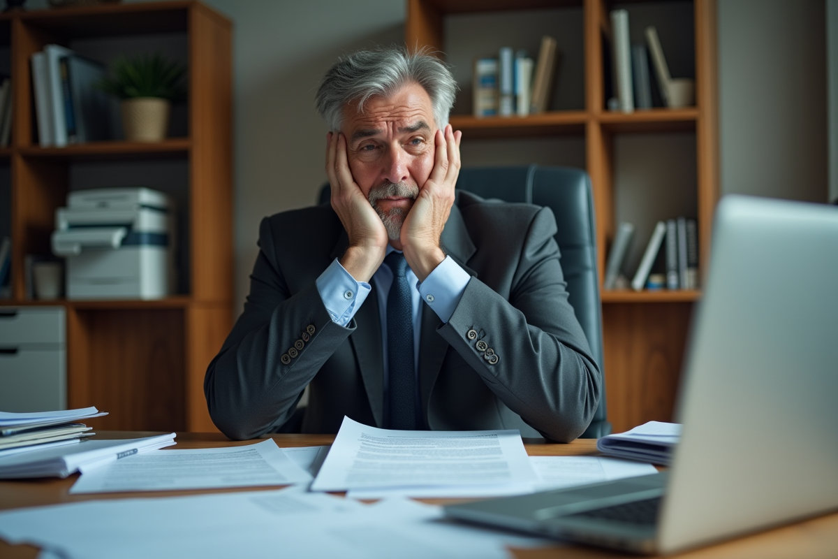 Homme d'affaires stressé au bureau avec documents financiers