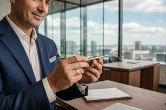 Homme en costume navy inspectant un stylo personnalisé