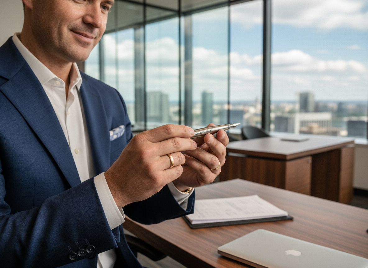 Homme en costume navy inspectant un stylo personnalisé
