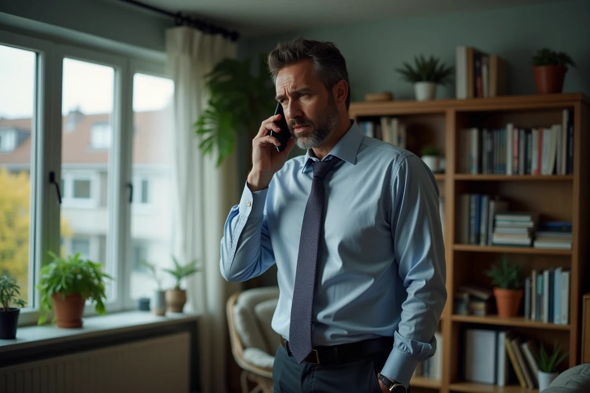 Homme d âge moyen parlant au téléphone dans un appartement