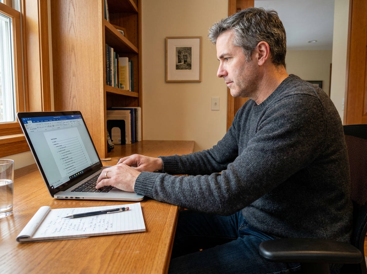 Homme en télétravail formatant un document Word professionnel sur un ordinateur portable dans un bureau à domicile
