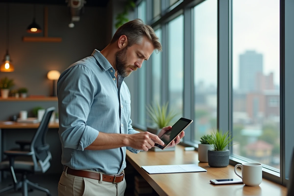 Homme d affaires remplissant un rapport de depenses avec une tablette
