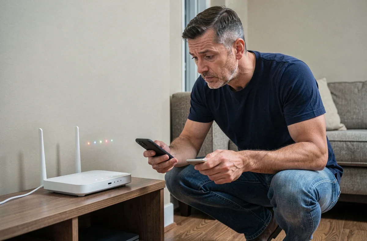 Homme inspectant les voyants d'un routeur internet à domicile pour diagnostiquer un problème de connexion