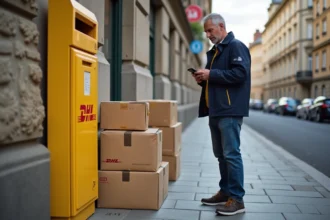 Homme d'âge moyen vérifiant son téléphone près d'un colis