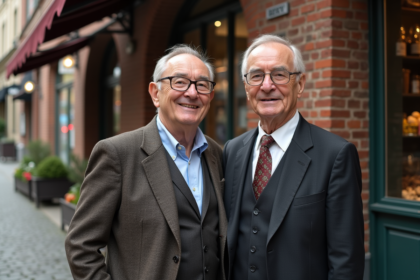 Deux hommes âgés en costumes devant une boutique ancienne