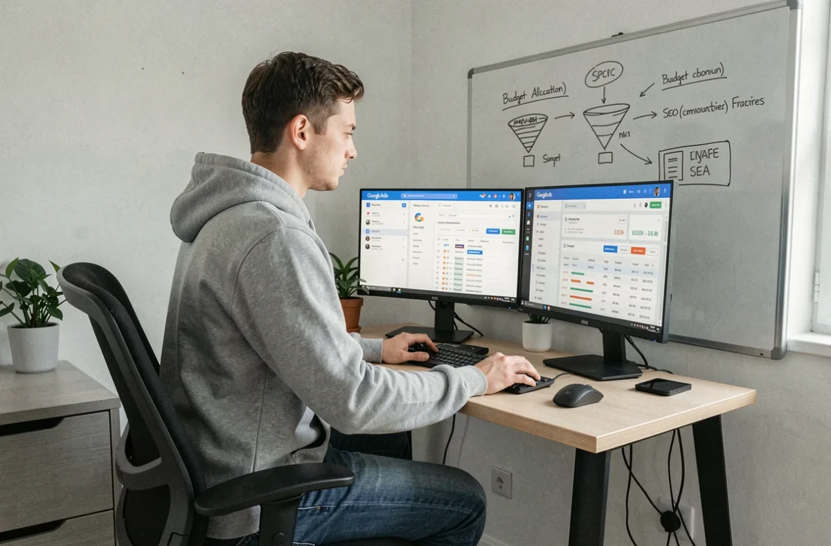 Hugo Mazurier Escoula, freelance SEO et SEA en Essonne, gérant des campagnes Google Ads et des audits SEO depuis son bureau à domicile
