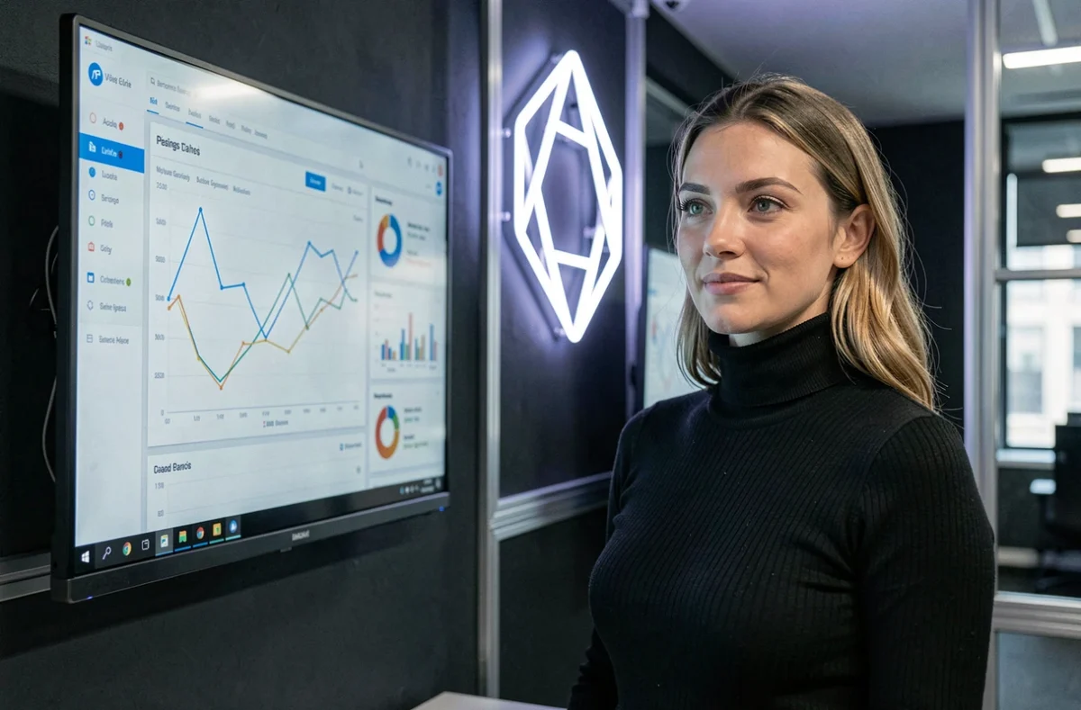 Professionnelle d'Impakte Digital présentant des tableaux de bord analytiques dans un bureau d'agence moderne