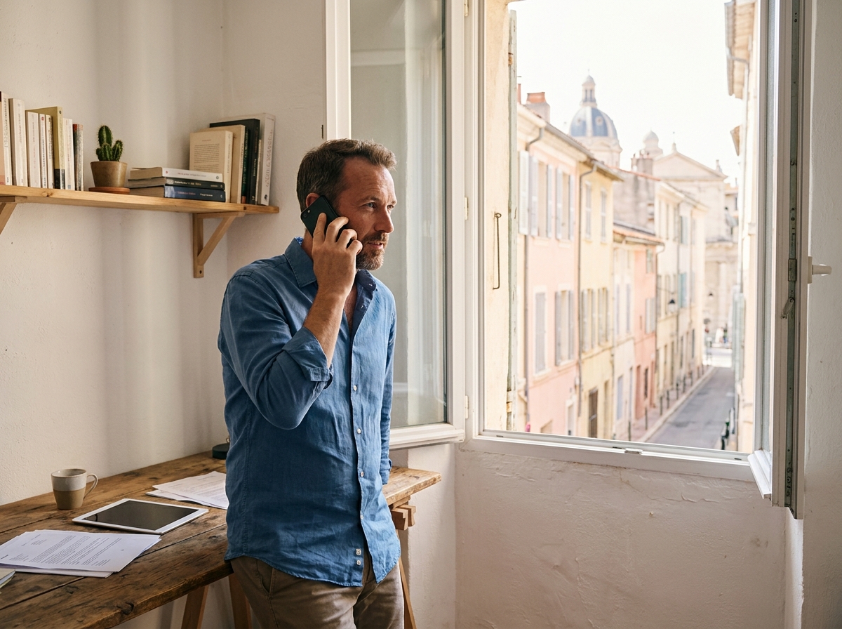 Professionnel indépendant passant un appel téléphonique depuis son bureau à domicile à Marseille face à la rue provençale