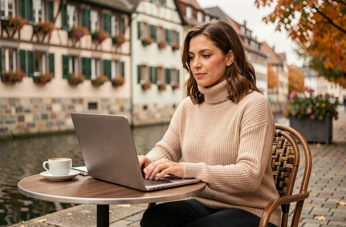 Professionnelle indépendante travaillant en télétravail dans un café au bord du canal à Strasbourg