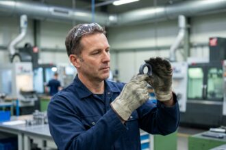 Ingénieur industriel examinant un joint en caoutchouc sur mesure dans une usine de fabrication de composants techniques