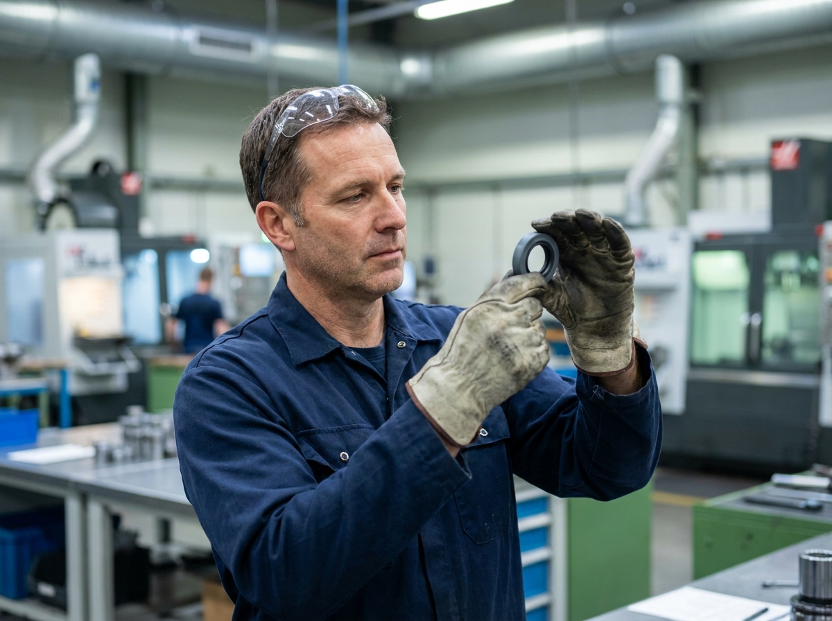 Ingénieur industriel examinant un joint en caoutchouc sur mesure dans une usine de fabrication de composants techniques