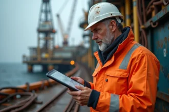 Ingénieur pétrolier sur une plateforme offshore en mer du Nord consultant des schémas techniques sur tablette numérique