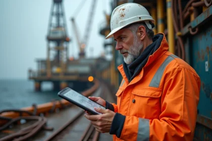 Ingénieur pétrolier sur une plateforme offshore en mer du Nord consultant des schémas techniques sur tablette numérique