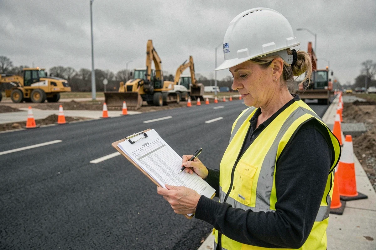 Ingénieure de chantier consultant un document d'indexation TP08 sur un chantier de voirie urbaine