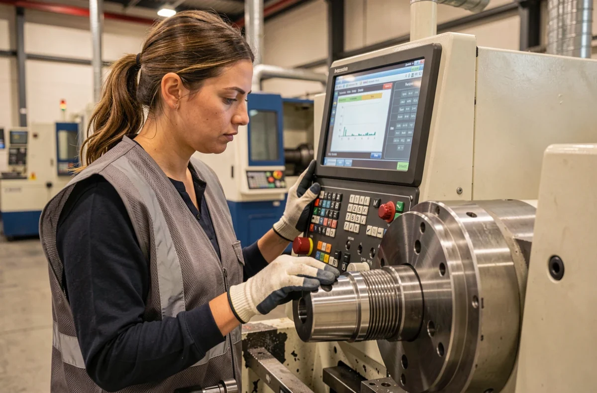 Ingénieure supervisant un tour CNC avec écran de contrôle numérique en usine