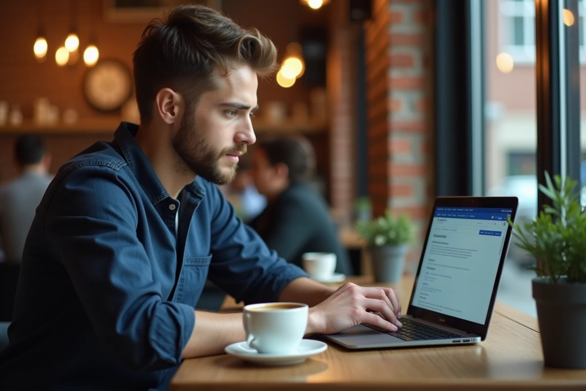 Homme remplissant le formulaire d'inscription URSSAF en ligne pour créer une micro entreprise dans un café