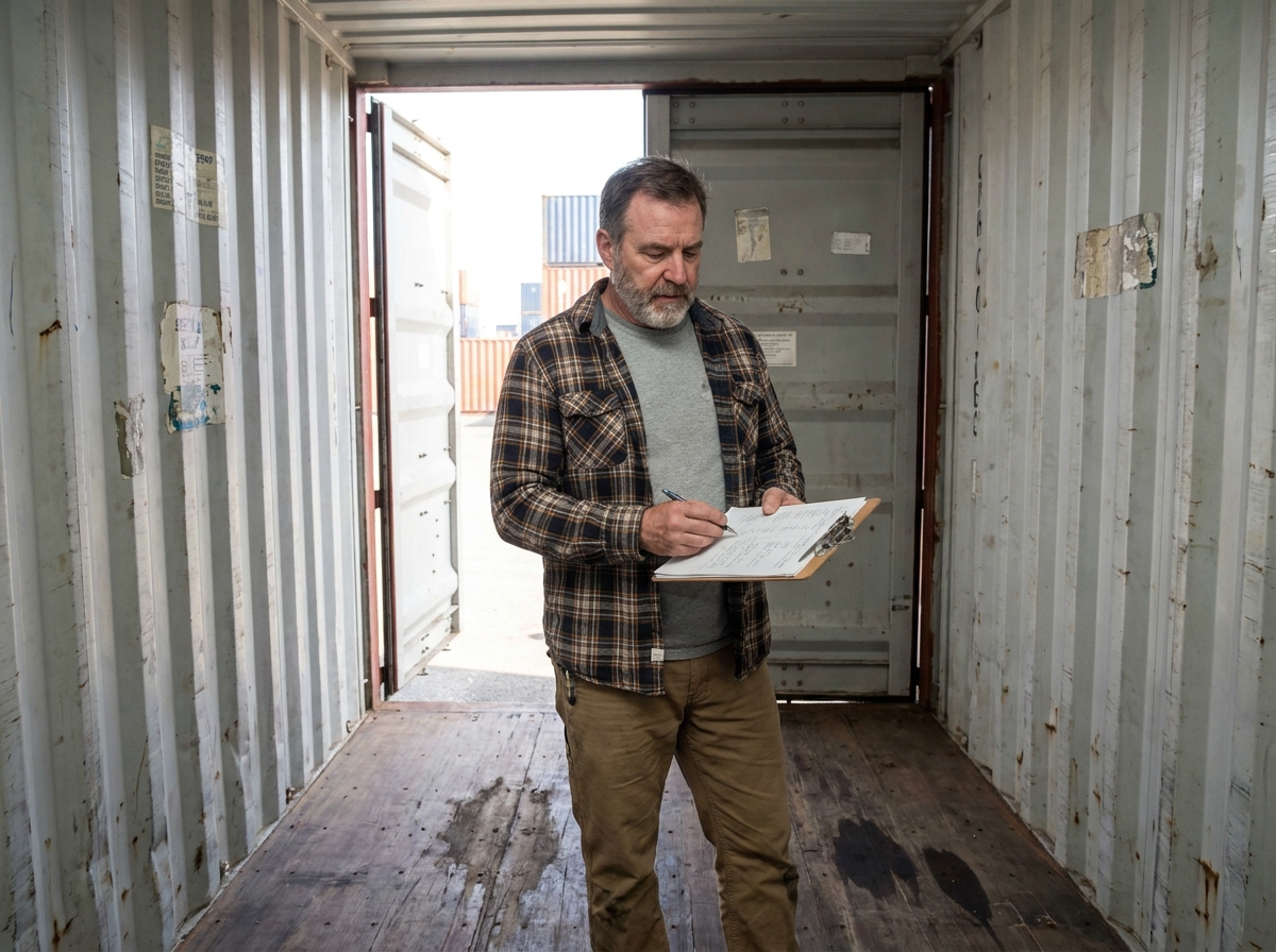 Intérieur d'un conteneur maritime d'occasion ouvert avec plancher en bois usé inspecté par un acheteur professionnel