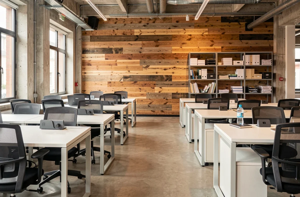 Vue intérieure d'un espace de coworking vide et moderne dans un bâtiment industriel rénové à Metz