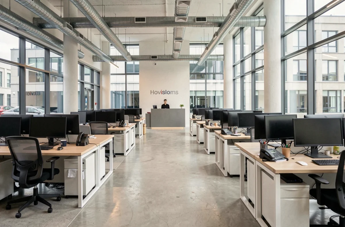 Vue intérieure grand angle d'un espace de coworking contemporain à Montigny-le-Bretonneux avec postes de travail et accueil professionnel