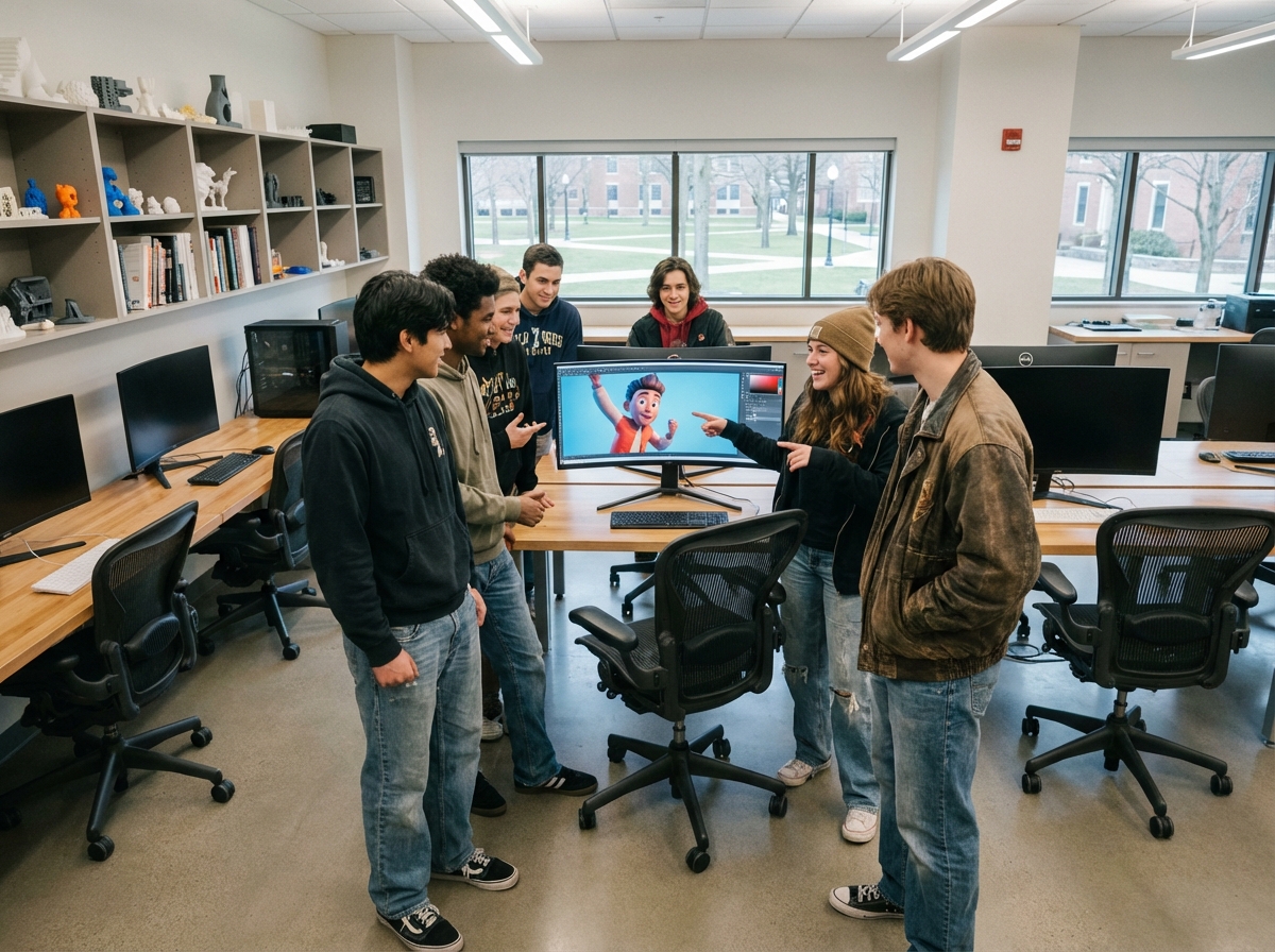 Groupe de jeunes diplômés collaborant en atelier