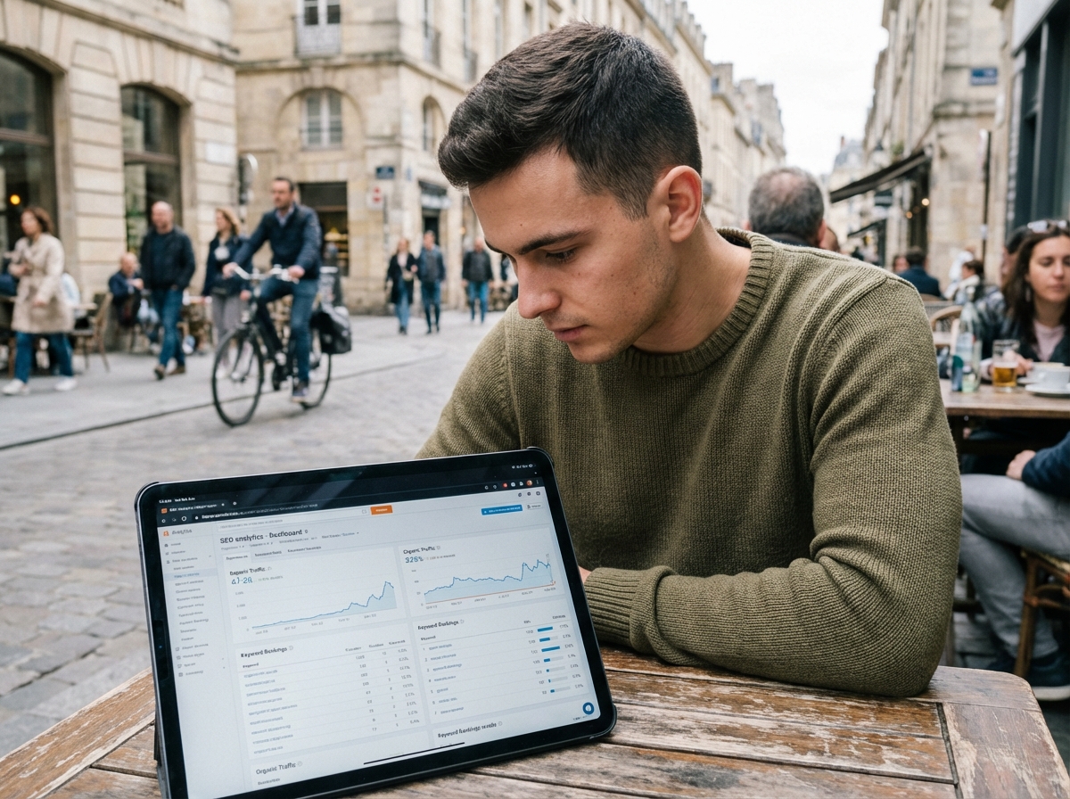 Jeune entrepreneur analysant des données SEO sur une tablette en extérieur