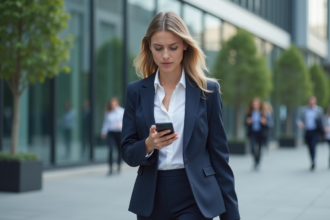Jeune femme d'affaires dans la ville regardant son smartphone