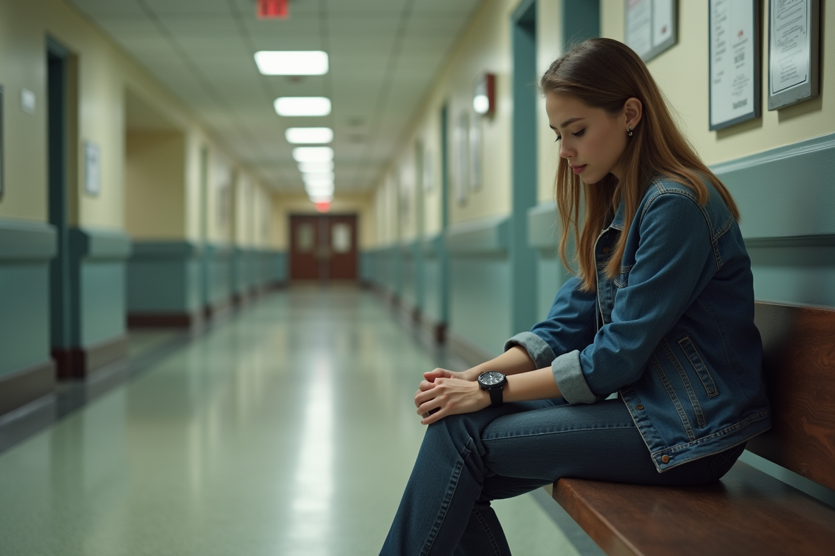 Jeune femme assise dans un hall d