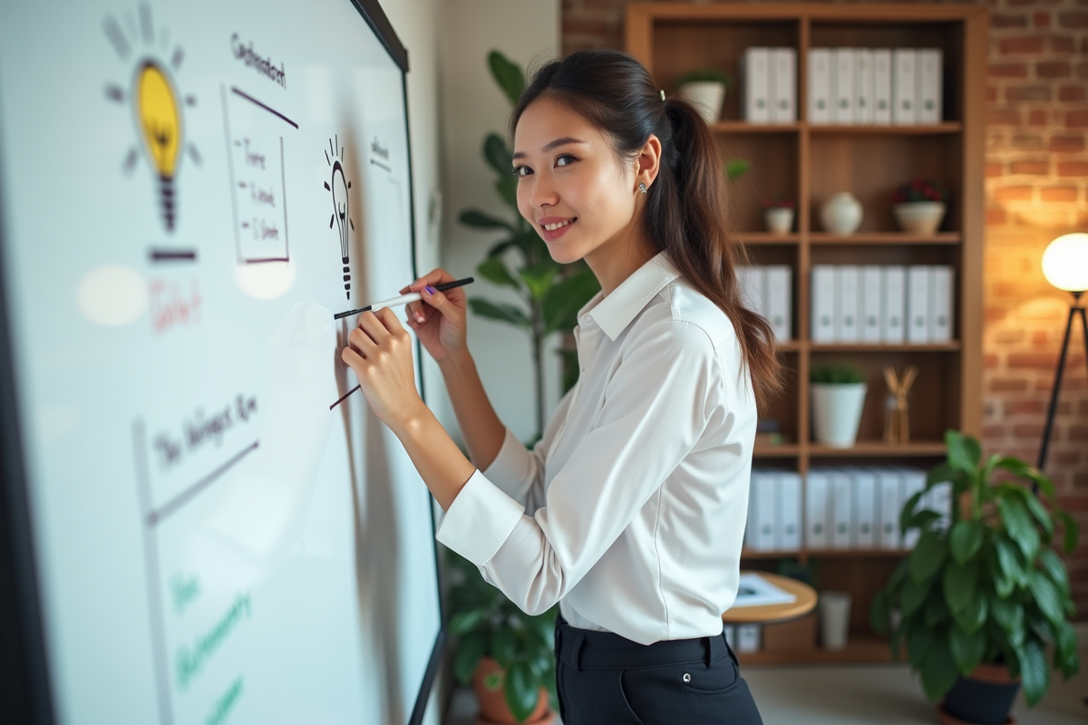 Jeune femme dessinant une ampoule dans un espace de coworking