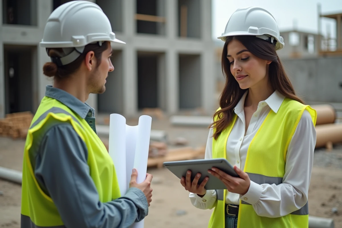 Jeune femme sur chantier avec tablette et plans