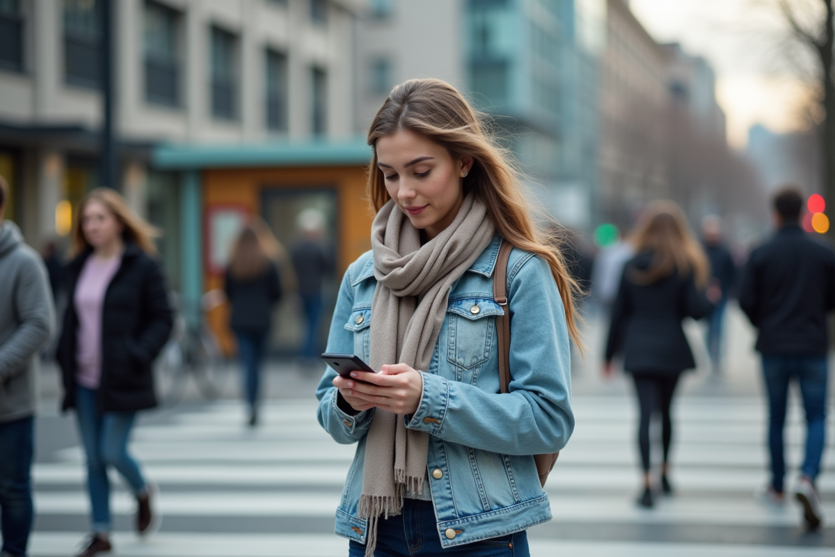 Jeune femme au passage piéton en ville contemplant son téléphone