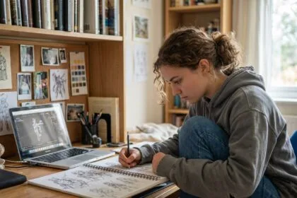 Jeune femme en hoodie dessinant à la maison