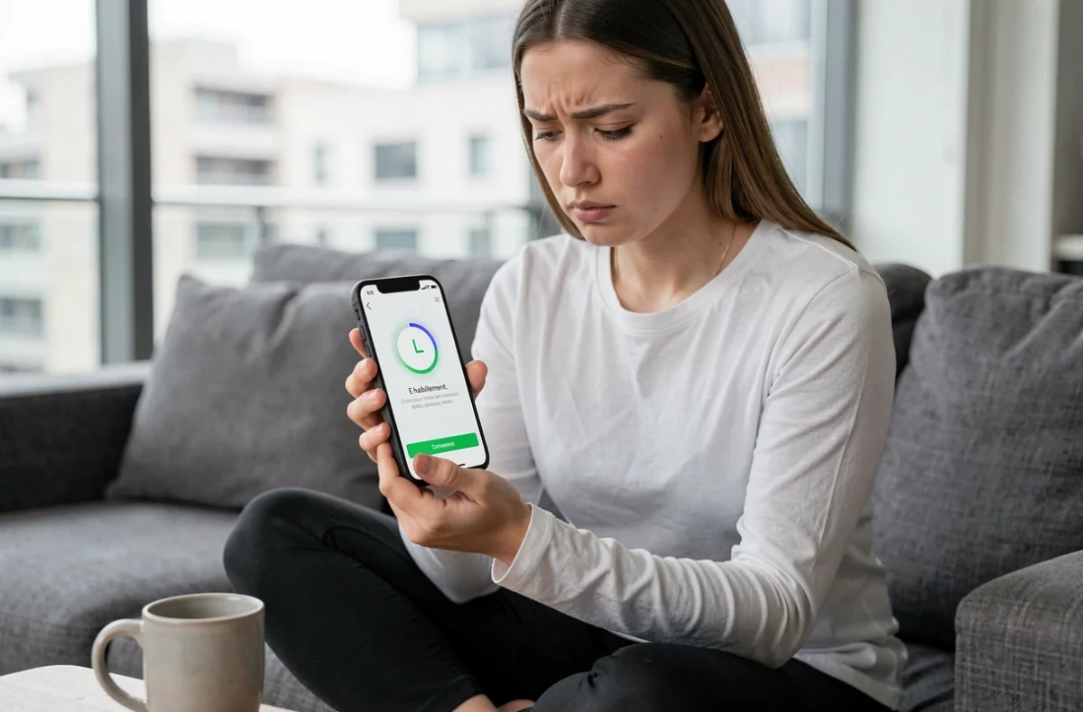 Jeune femme consultant une erreur de connexion sur l'application E habillement depuis son smartphone dans son salon