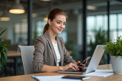 Jeune femme professionnelle travaillant sur son ordinateur dans un bureau moderne