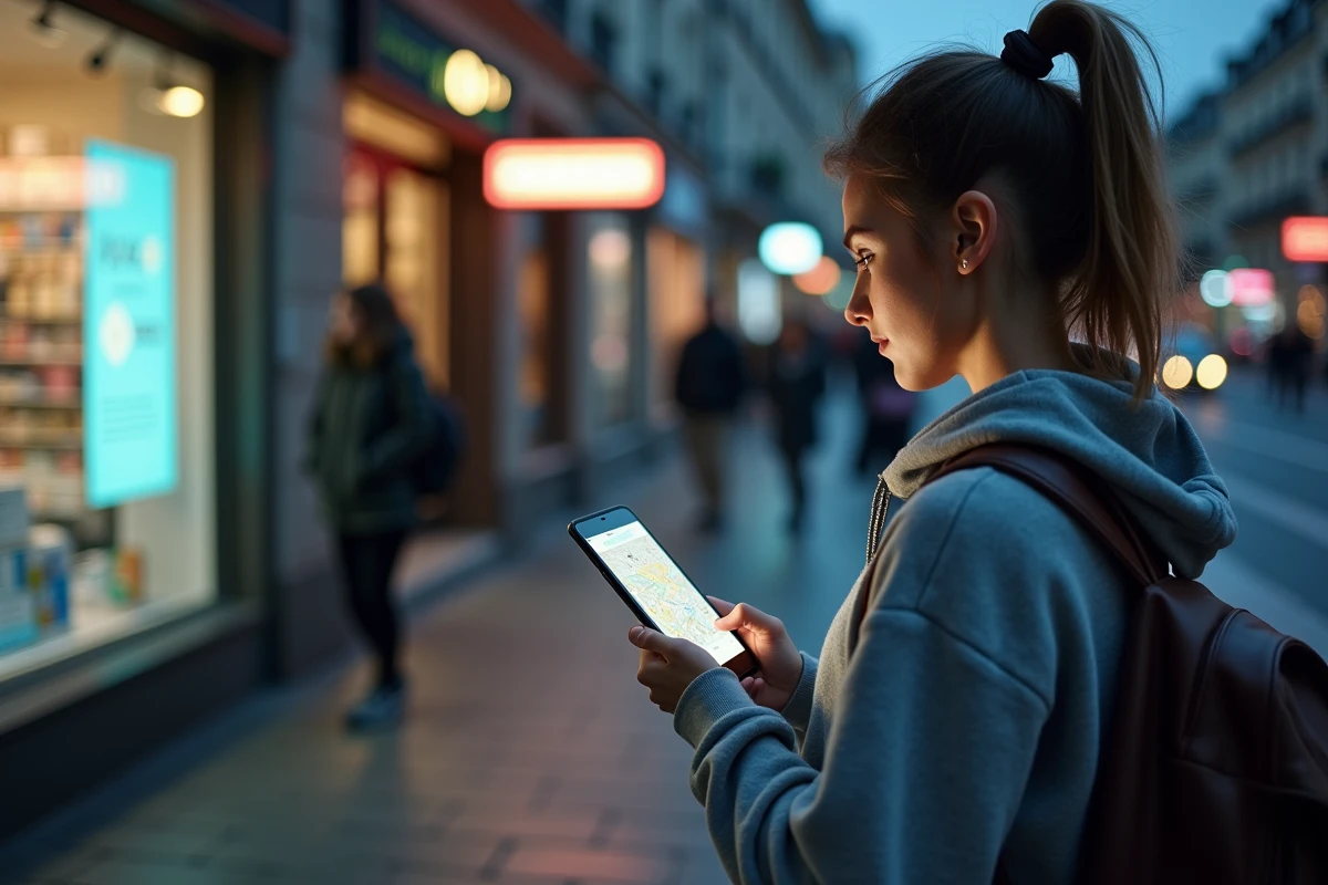 Jeune femme cherchant un point relais UPS ouvert tard sur son smartphone en ville
