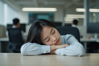 Jeune femme d'affaires en pause sommeil au bureau