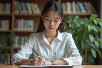 Jeune femme écrivant des synonymes pour ethics dans un livre