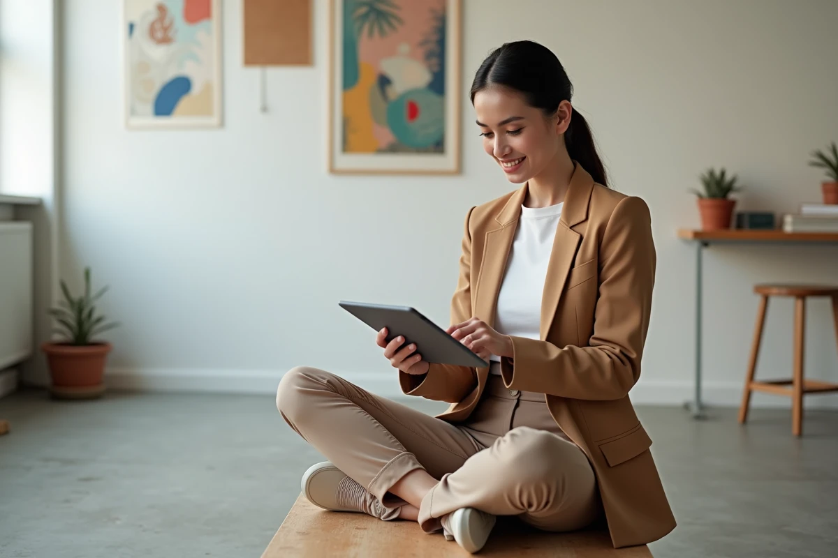 Jeune femme consultant une tablette dans un studio créatif moderne illustrant les tendances et usages en 2026