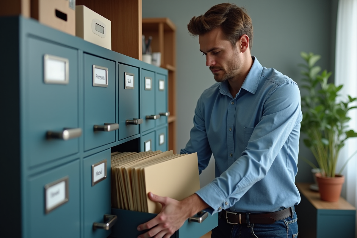 Jeune homme rangeant des dossiers dans un classeur pour illustrer la gestion des documents