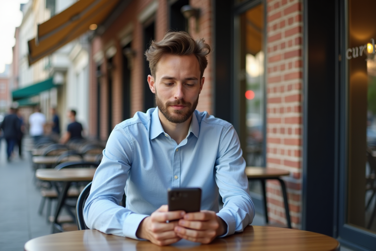 Jeune homme utilisant son smartphone dans un café urbain