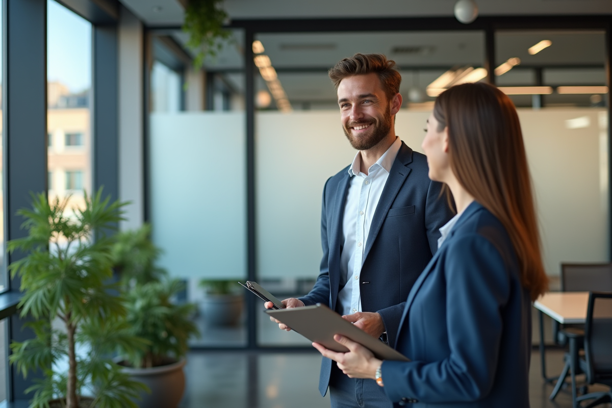 Jeune homme en discussion avec un collègue dans un espace de travail moderne