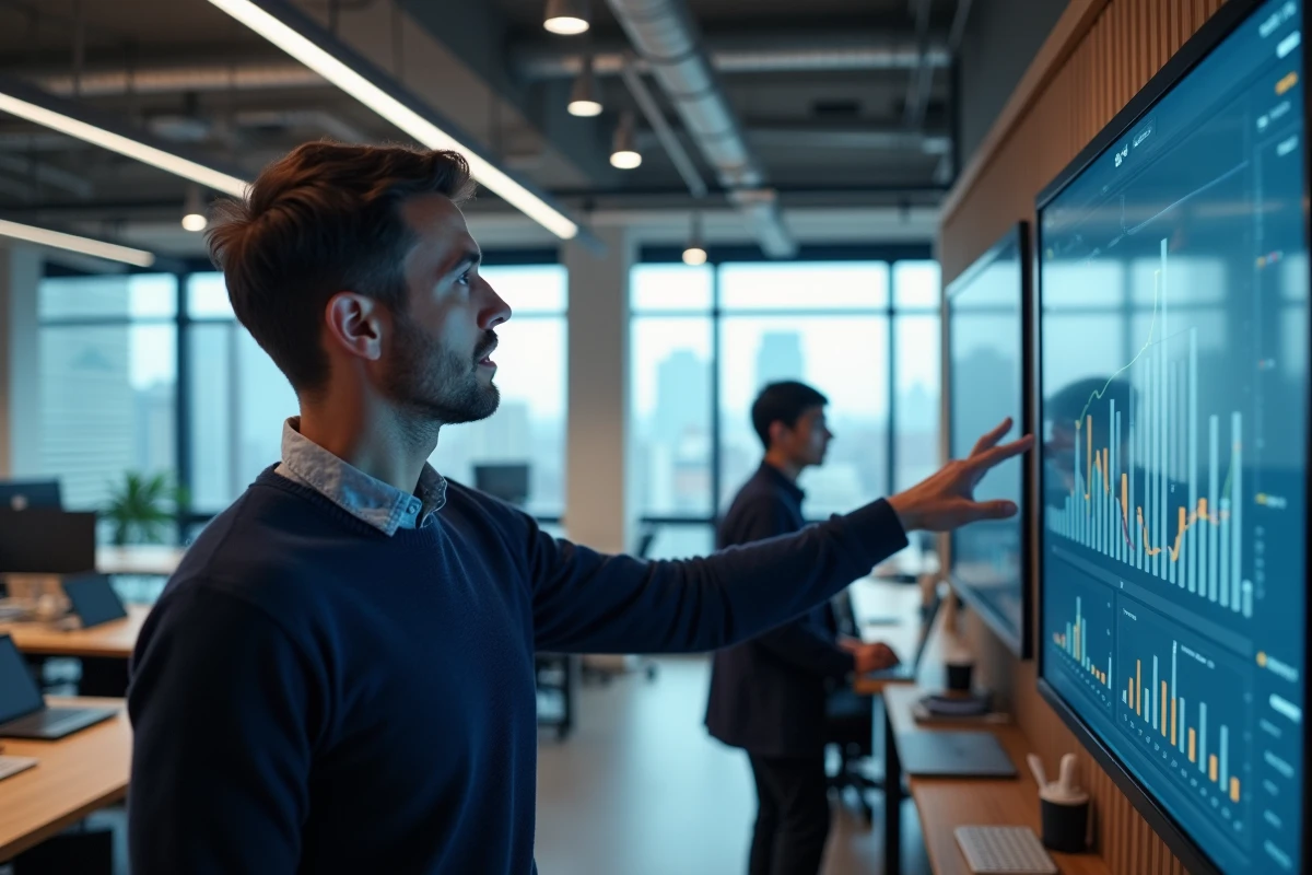 Jeune homme expliquant des données sur un écran dans un espace de travail
