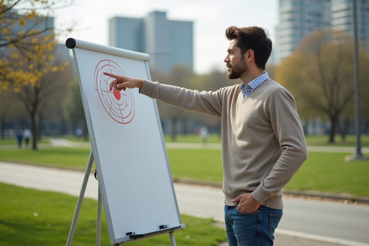 Jeune homme pointant un objectif dans un parc urbain