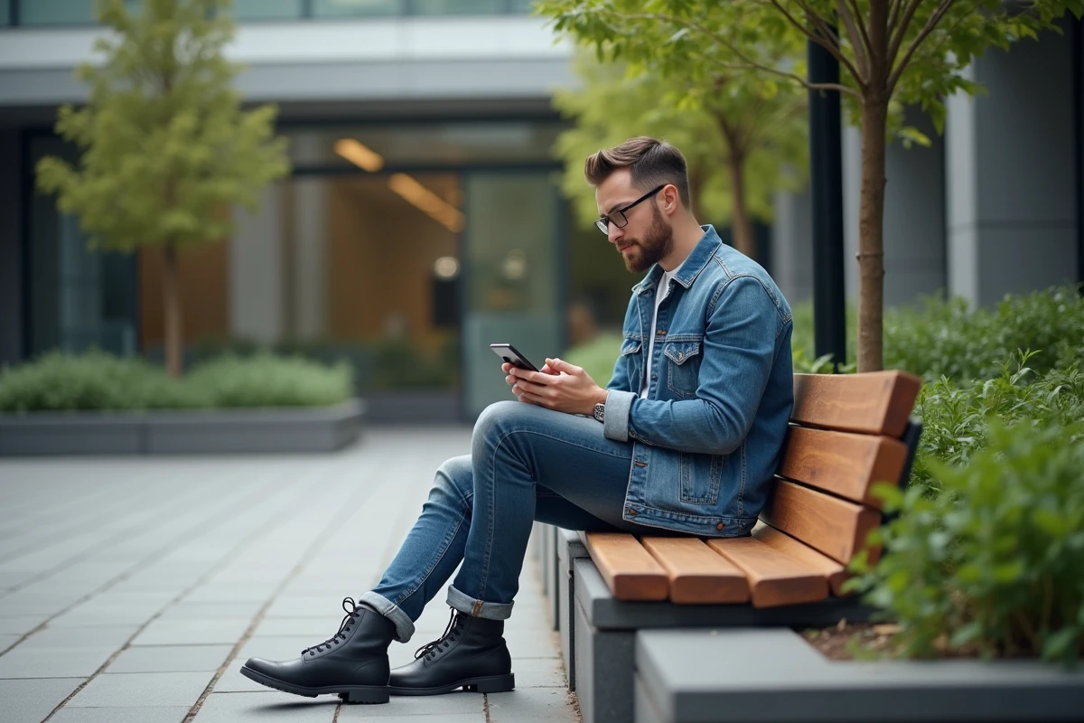 Jeune homme en décontracte lisant son smartphone dehors