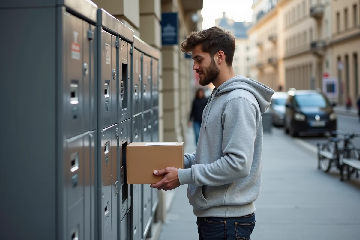 Jeune homme scannant un colis dans un locker à Lyon