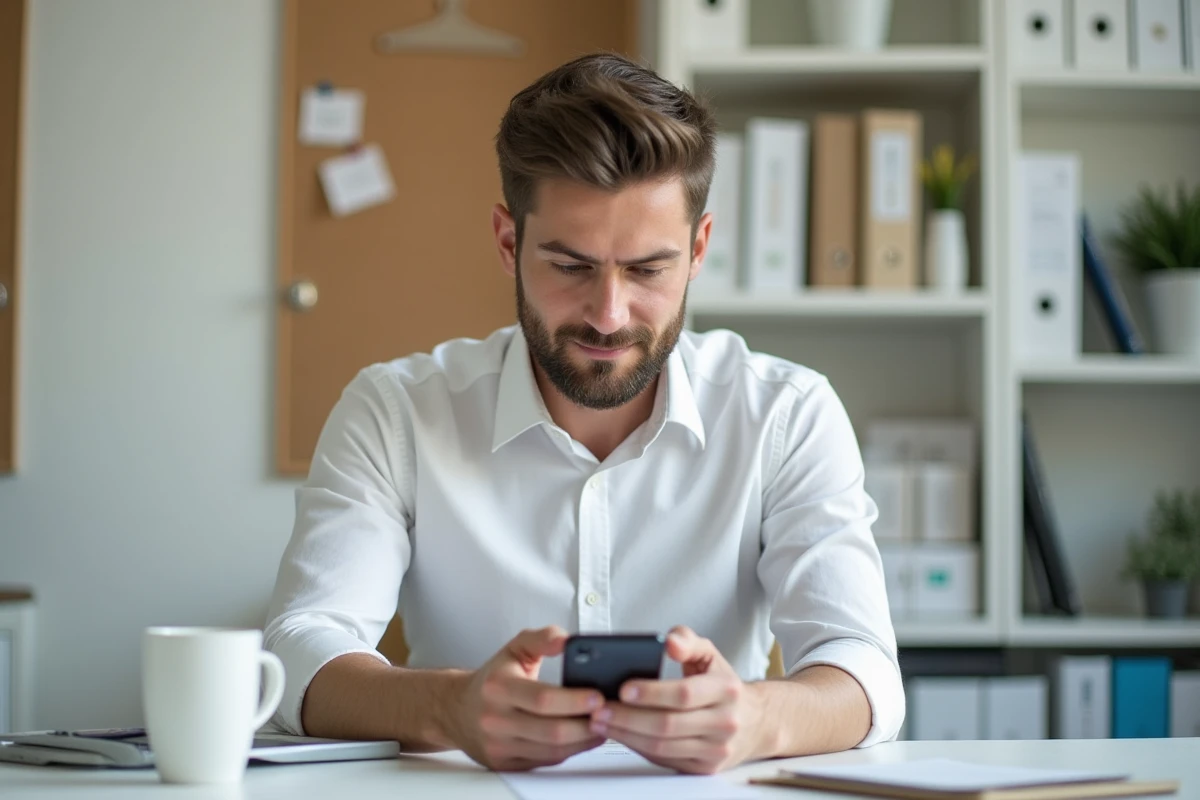 Jeune homme au bureau utilisant son smartphone