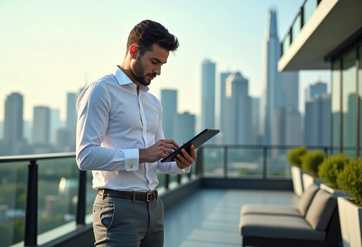 Jeune homme regarde un graphique sur une terrasse urbaine