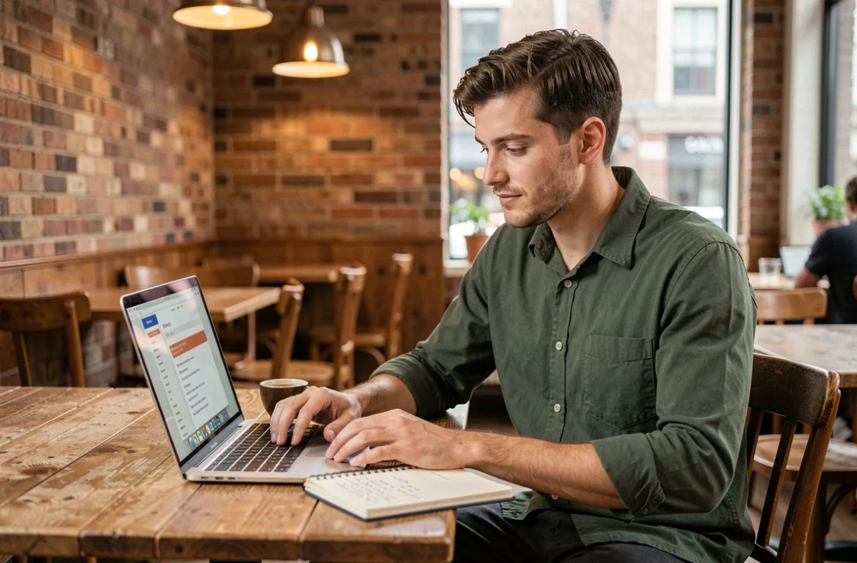Jeune professionnel travaillant sur son CV commercial dans un café urbain avec un ordinateur portable et des notes manuscrites