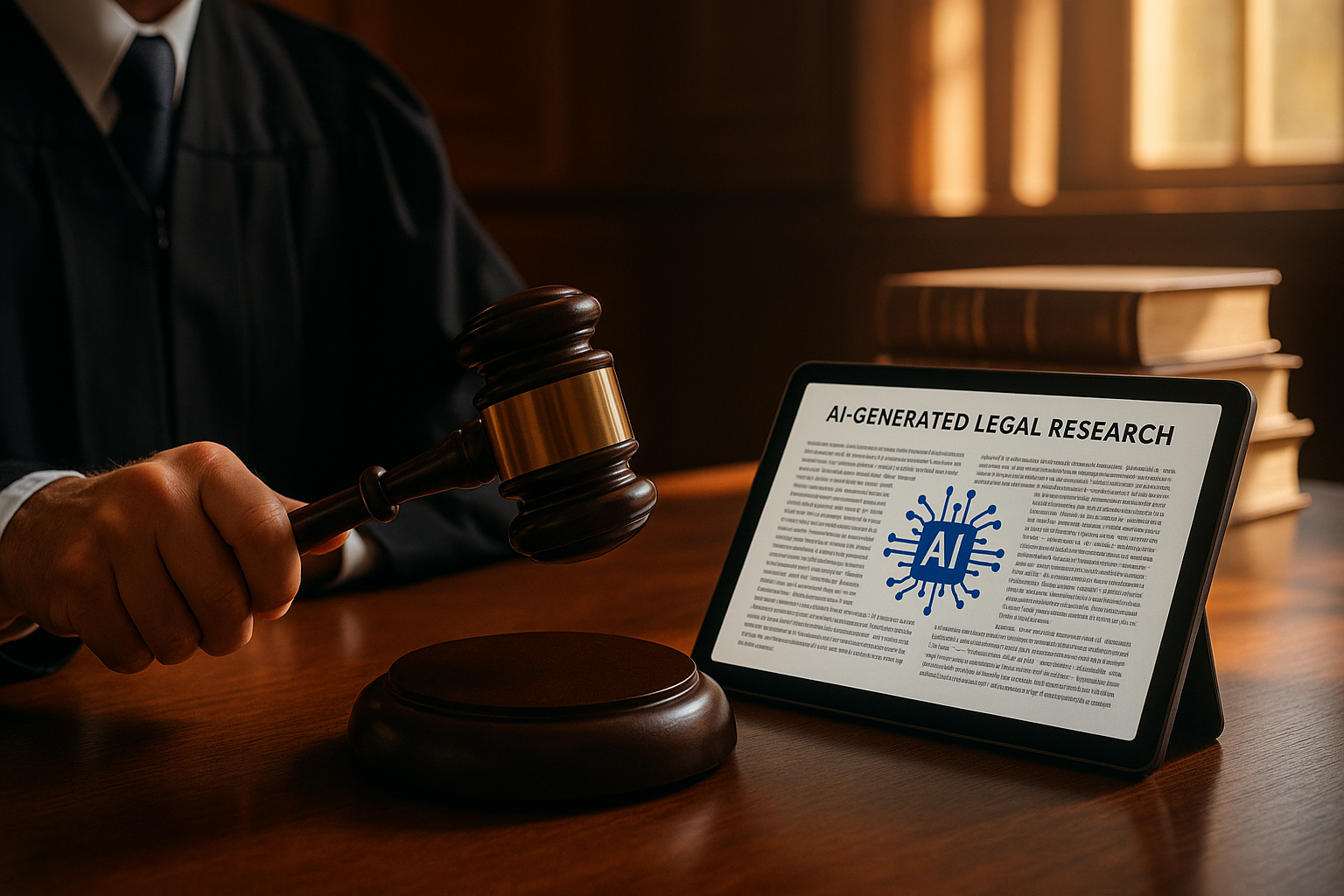 Juge tenant un marteau avec tablette dans un tribunal élégant