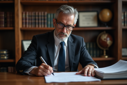 Avocat en costume examine des documents juridiques